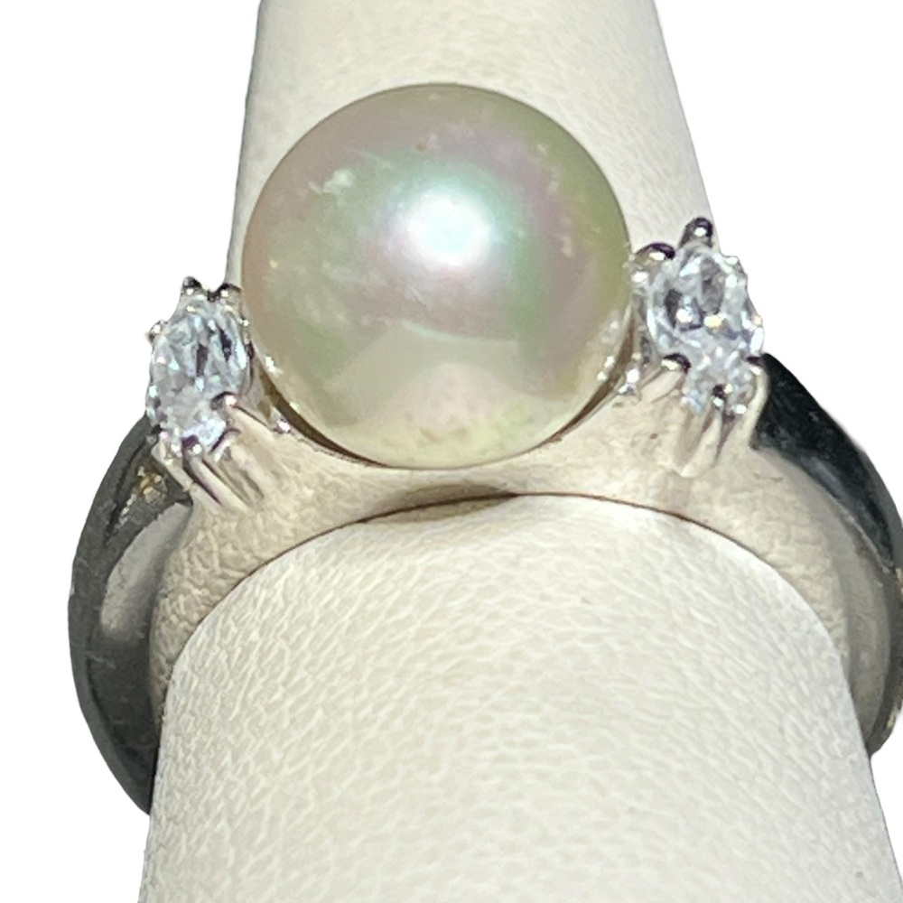 Vintage Sterling Silver Genuine  Pearl CZ Ring size 6.5 - Picture 3 of 10